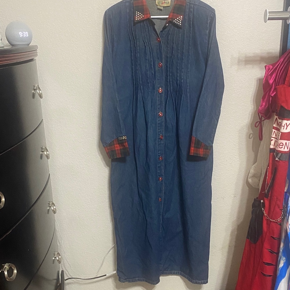 Vintage Green Field USA Denim Long Sleeve Dress with Red Accents prairie